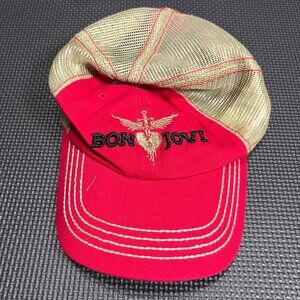 Bon Jovi Red & Gold Adjustable Trucker Hat With Embroidered Logo Mesh Back Rock